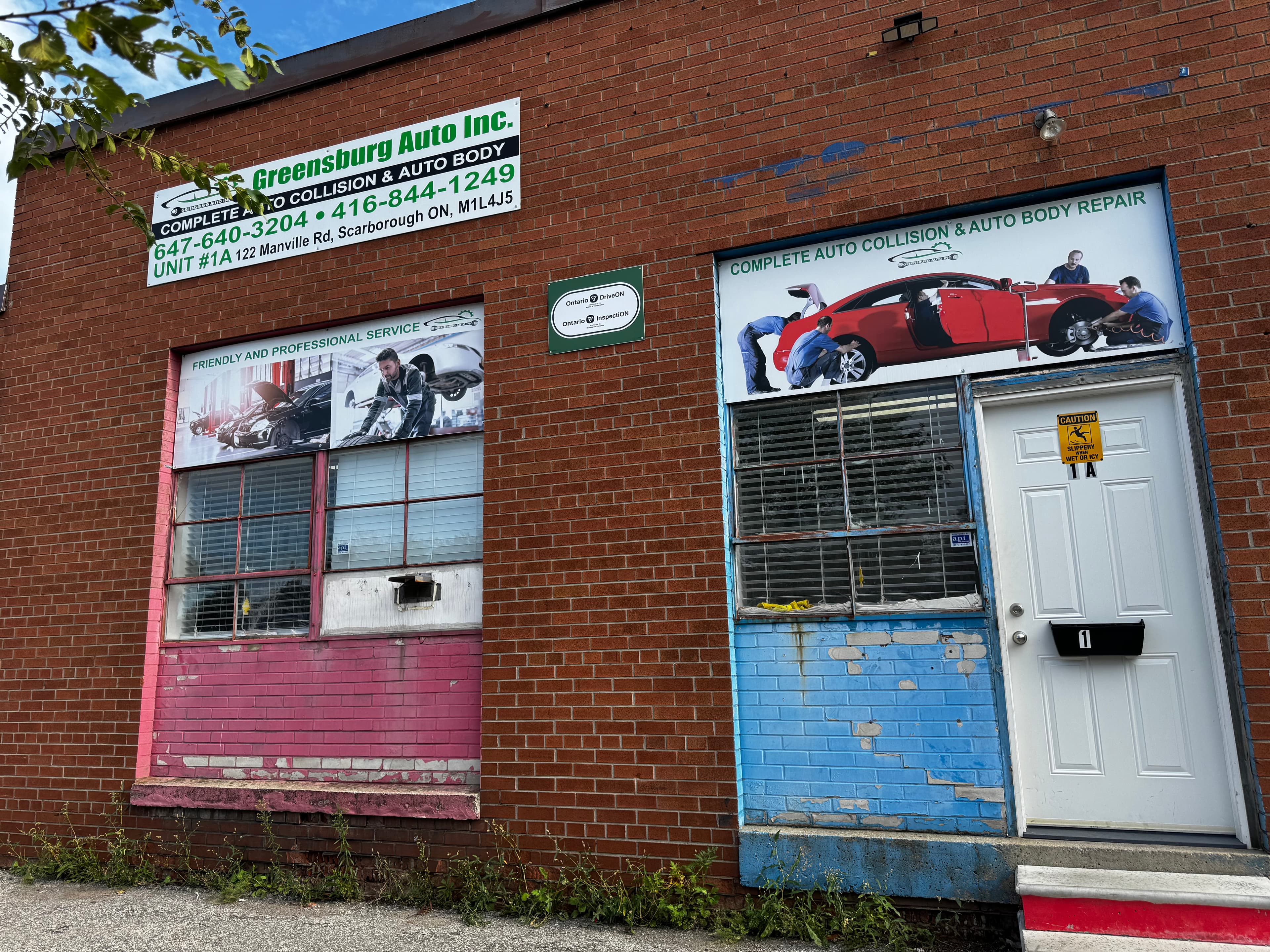 Exterior storefront of the Greensburg Auto Inc. autobody andautomotive repair shop
